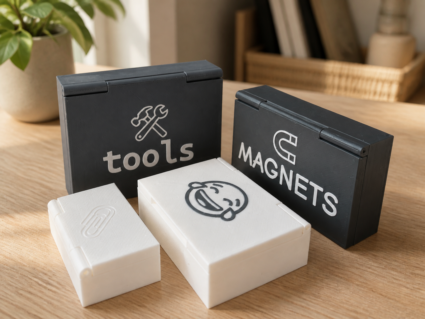 Boîte de rangement modulaire avec aimants et couvercle cliquetant
