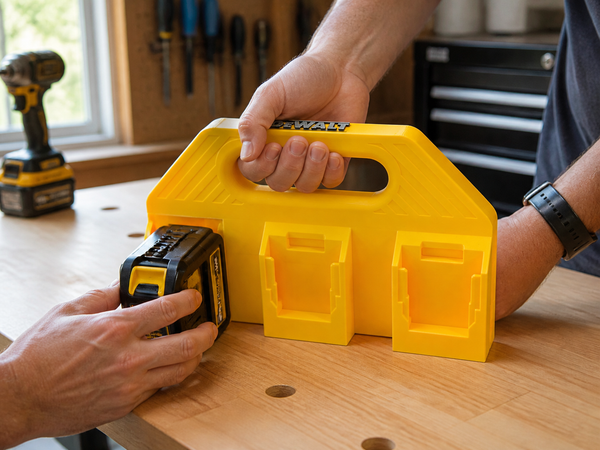 Organisateur 6 batteries 18V XR DeWALT - Design jaune vif avec poignée noire