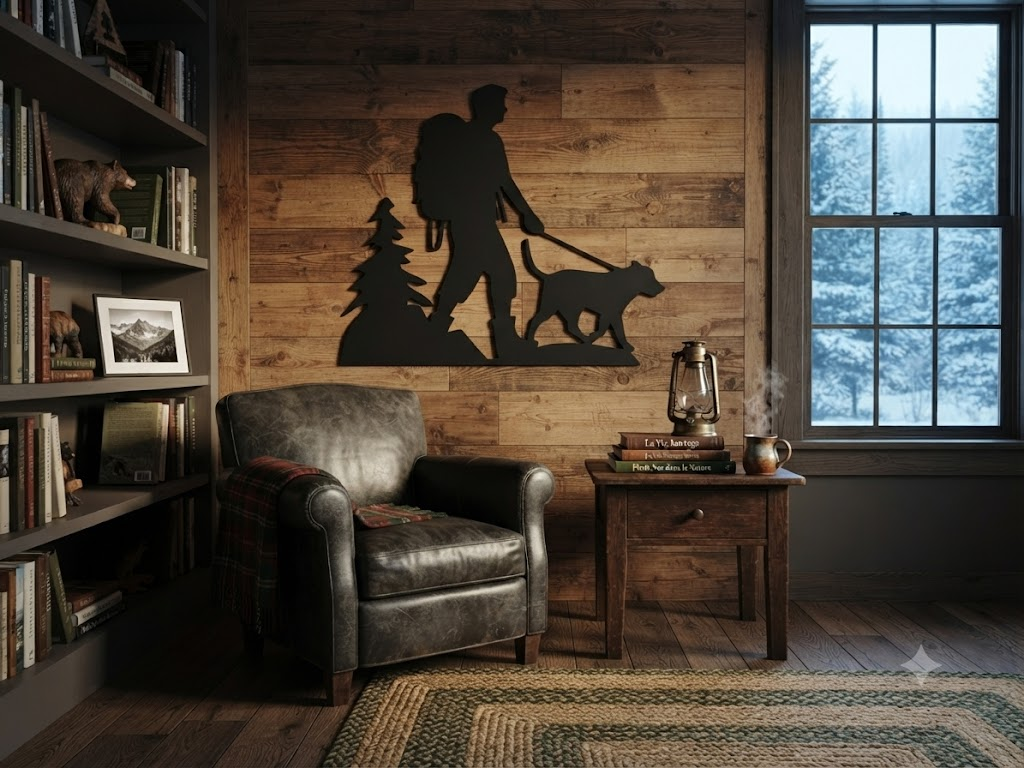 Décoration murale en bois randonneur et son chien