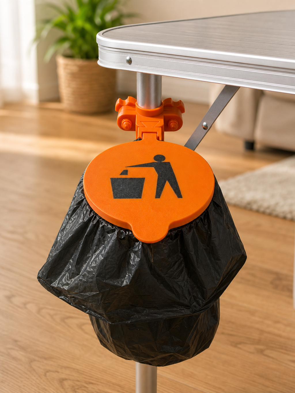 Poubelle à déchets intégrée au pied de table camping résistante et légère pour séjours en plein air