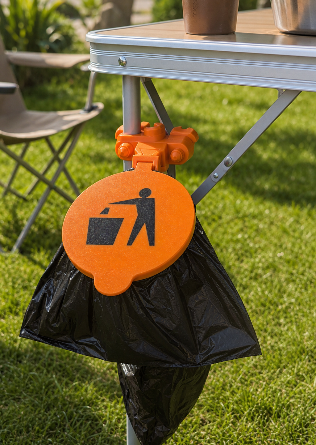 Poubelle à déchets intégrée au pied de table camping résistante et légère pour séjours en plein air